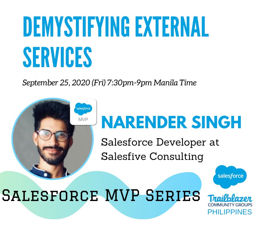 ☁Salesforce MVP Series☁
📺 Episode 4 w/ <a href="/Nads_P07/">Narender Singh 🇮🇳 🇩🇪</a> 

Join us in this session to learn how we can leverage External Services with Flows to integrate with External Systems.

🌟🌟 If you are interested, RSVP here: trailblazercommunitygroups.com/e/m6z5c2/

#SalesforceMVPseries
#sfphilippines