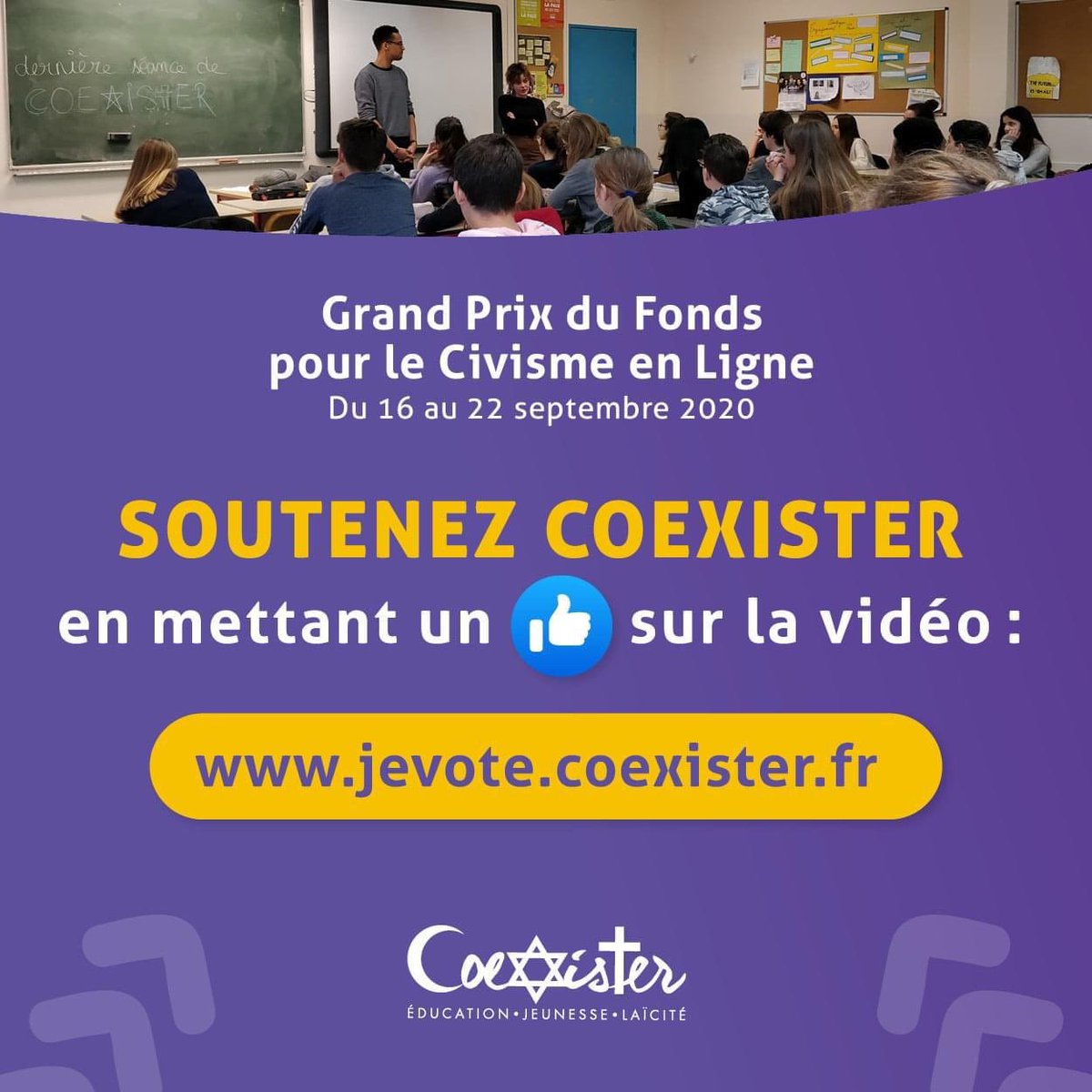 Alors que la crise sanitaire actuelle oblige à repenser nos façons de #sensibiliser les collégiens et lycéens, <a href="/AssoCoexister/">Coexister</a> pour qui j’avais chanté il y a quelques mois, souhaite développer des outils en ligne pour aider 25 000 jeunes à lutter contre les #DiscoursdeHaine.
