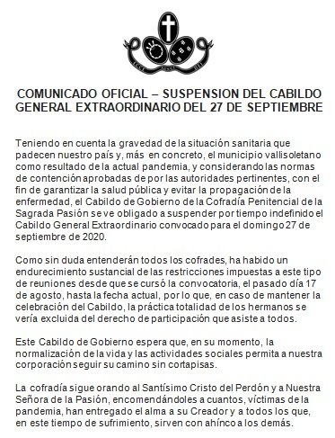 COMUNICADO OFICIAL

SUSPENSIÓN DEL CABILDO GENERAL EXTRAORDINARIO DEL 27 DE SEPTIEMBRE