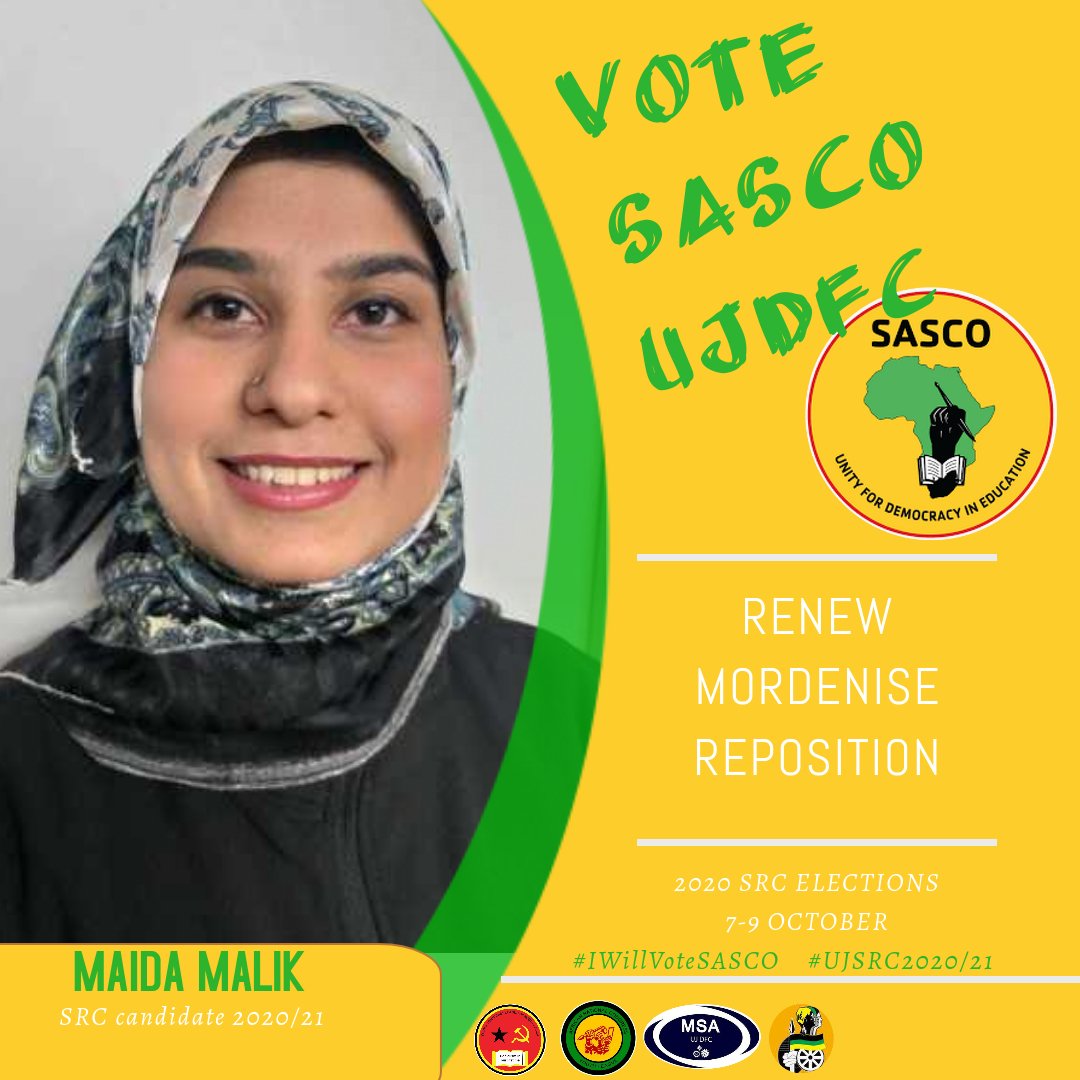 ujdfc's tweet photo. Meet your SASCO UJDFC 2020/21 SRC candidates. Remember to cast your vote on the 7-9th of October, and Vote SASCO.
#iwillvotesascodfc #UJSRCElections #WhatsApp https://t.co/mewPKlZsLi