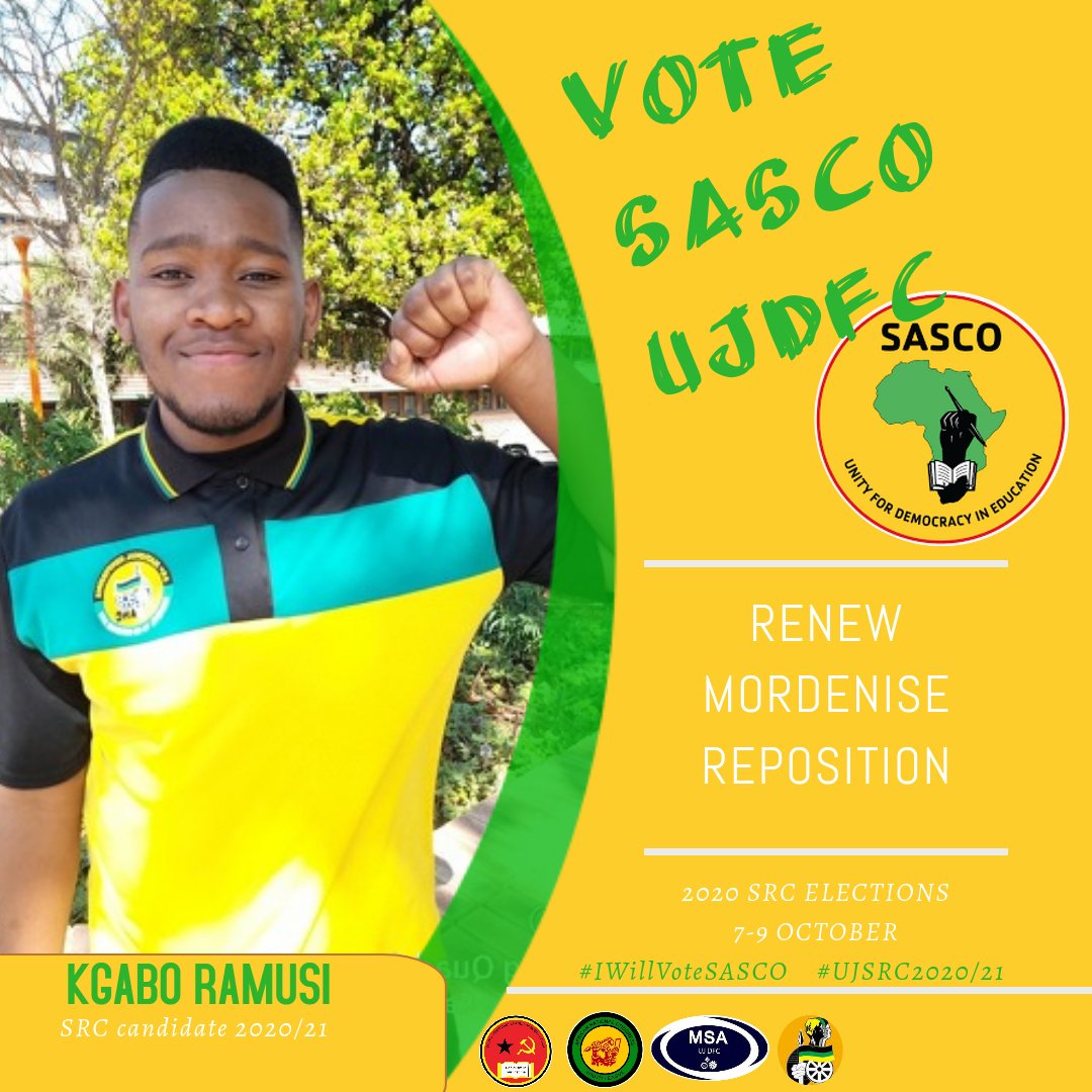 ujdfc's tweet photo. Meet your SASCO UJDFC 2020/21 SRC candidates. Remember to cast your vote on the 7-9th of October, and Vote SASCO.
#iwillvotesascodfc #UJSRCElections #WhatsApp https://t.co/mewPKlZsLi