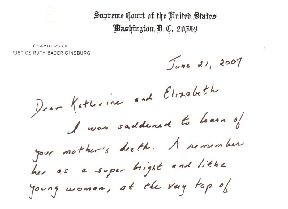 Here is a note that her daughters shared with us, that RBG sent to them when Alice passed.