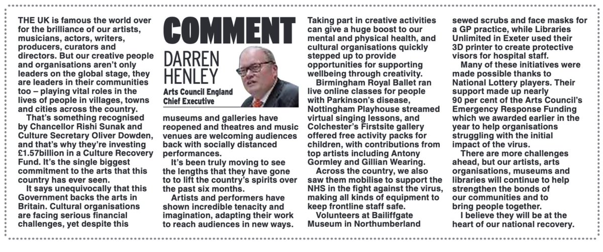 HENLEYDARREN's tweet photo. My @Daily_Express column today: Why I believe our artists, arts organisations, museums and libraries will be at the heart of our national recovery. At @ace_national we’re delivering a large part of the £1.57 billion @DCMS #CultureRecoveryFund to help it to happen #HereForCulture https://t.co/Tgt1F2zZTR