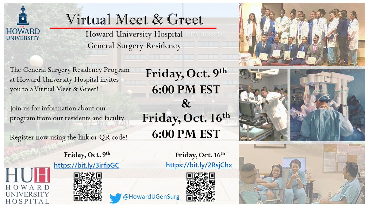 Join @HowardUGenSurg's Virtual Meet and Greet to learn more about our General Surgery Program! Register now: Friday, Oct. 9th: bit.ly/3irfpGC Friday, Oct. 16th: bit.ly/2RsjChx