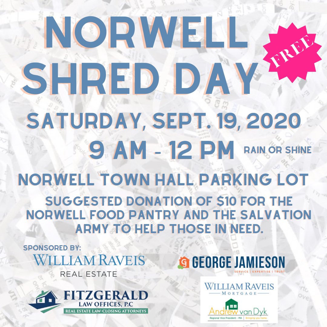 Come on down today to our free community shred event at the Norwell town hall from 9 am to 12 pm.  Donate cash or a gift card to the Norwell food pantry and Salvation Army and get a Hilliard’s chocolate bar.  #norwell #helpingothers