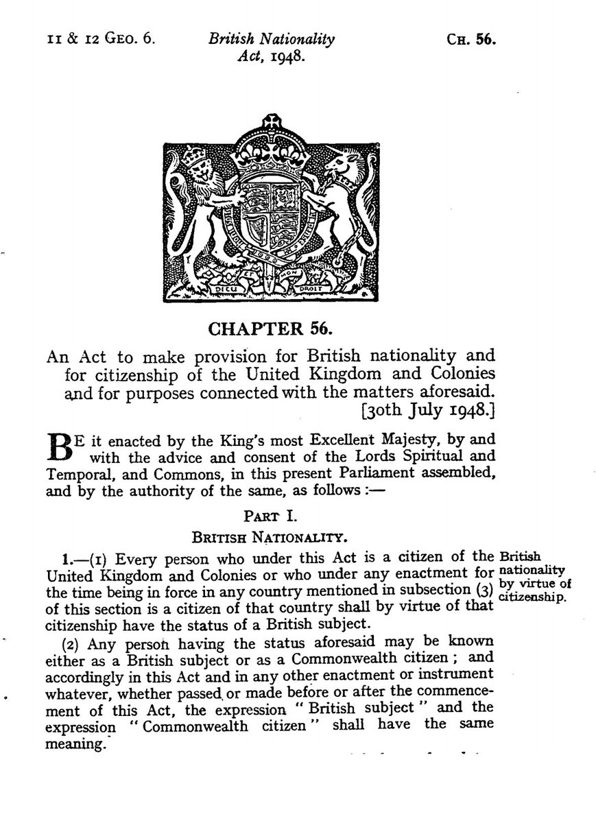 In 1948, the British Nationality Act conferred British citizenship on all Commonwealth subjects.