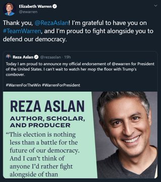 2)Sen. Warren officially voiced gratitude for Reza Aslan’s endorsement.Aslan is member of  #Iran’s DC-based lobby group  @NIACouncil & has close relations with Tehran's regime.Congress is considering a probe into NIAC. It is now more imperative than ever before.