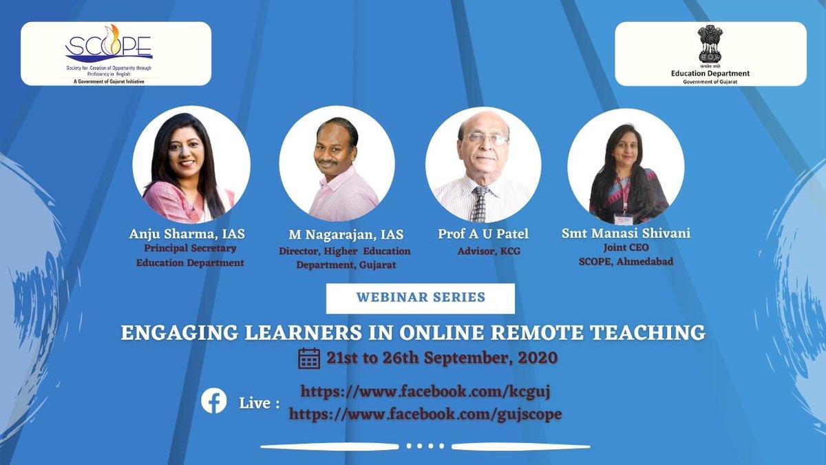 KcgGujarat's tweet image. Details: Date: 21st to 26th September, 2020. Facebook Live Link: facebook.com/gujscope facebook.com/kcguj #webinar #highereducation #teachingskill #english #knowledge #educationdepartment #GujaratGovt #SCOPE