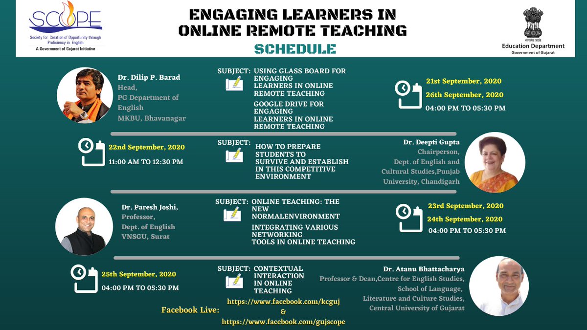 KcgGujarat's tweet image. Details: Date: 21st to 26th September, 2020. Facebook Live Link: facebook.com/gujscope facebook.com/kcguj #webinar #highereducation #teachingskill #english #knowledge #educationdepartment #GujaratGovt #SCOPE