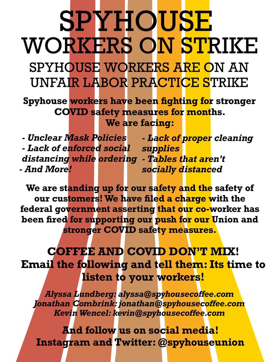 spyhouseunion's tweet photo. SPYHOUSE WORKERS ARE ON A ULP STRIKE! We are picketing outside of all 5 locations this morning and will be gathering at the NE location at 1 PM https://t.co/iMLScV939M