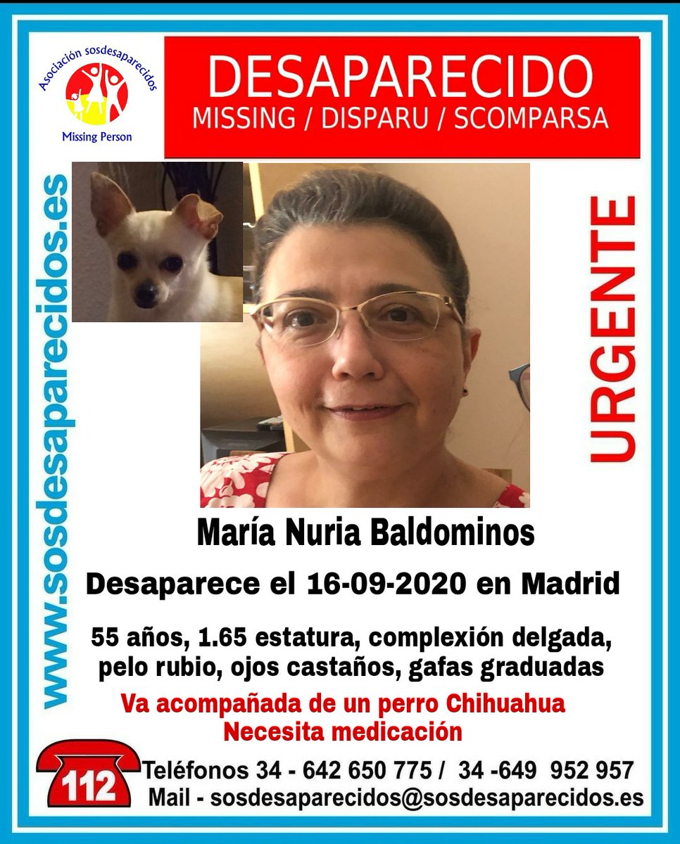 guardiacivil's tweet photo. 🆘#MUYURGENTE⚠️
Esta es María Nuria, necesita medicación y ha #desaparecido en  #Madrid
Si la ves llama
☎062
☎091
☎112
Colabora, tu RT no cuesta nada y es muy importante https://t.co/tl37vTNX7p