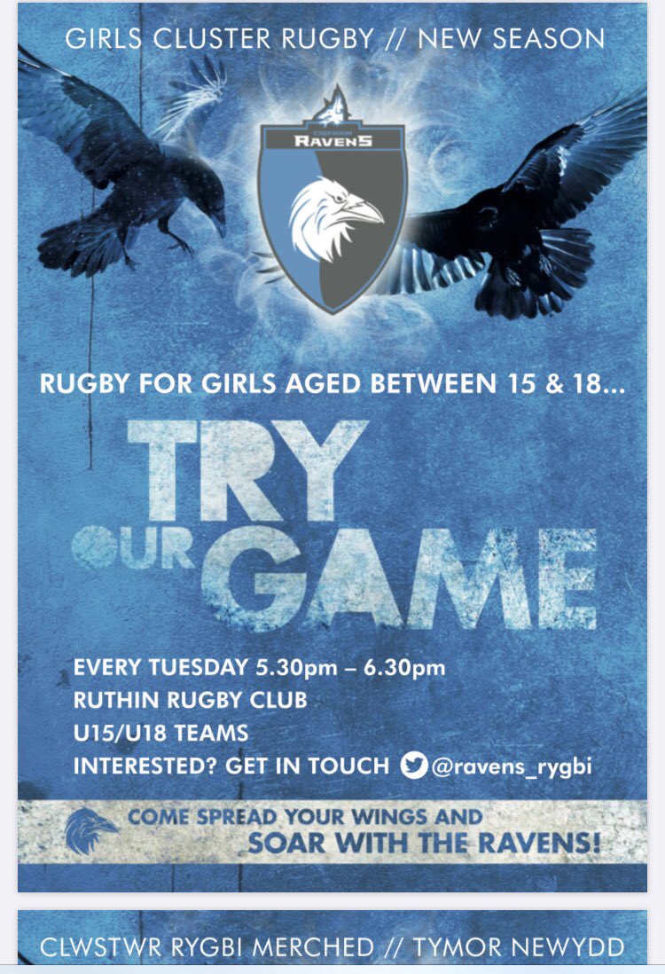 Ravens_Rygbi's tweet photo. Spread the Word and your wings! Ravens has returned 🔵⚪️

Every Tuesday night at @ruthinrugby 5:30-6:30 

If you are interested in playing Rugby this season please message @MikeEvansRugby1 👍🏻

Registration and Covid Modules need to be completed before training 🏉👍🏻 https://t.co/VLHymdtPSC