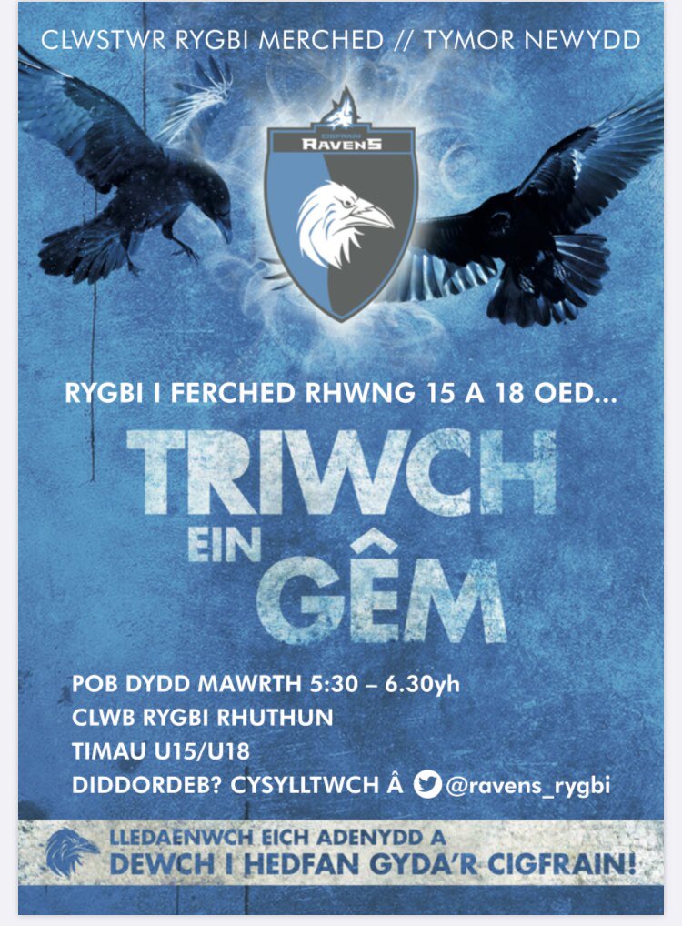 Ravens_Rygbi's tweet photo. Spread the Word and your wings! Ravens has returned 🔵⚪️

Every Tuesday night at @ruthinrugby 5:30-6:30 

If you are interested in playing Rugby this season please message @MikeEvansRugby1 👍🏻

Registration and Covid Modules need to be completed before training 🏉👍🏻 https://t.co/VLHymdtPSC