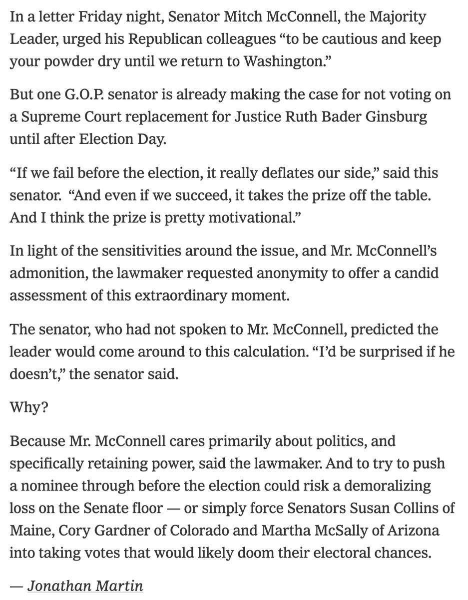 I don't quite get why the unnamed senator thinks this is a great strategy here. If McConnell says 'we're not going to vote until after the election', then people will of course ask 'what if Republicans lose the election?' He has 4 ways to answer, all of which have some issues: