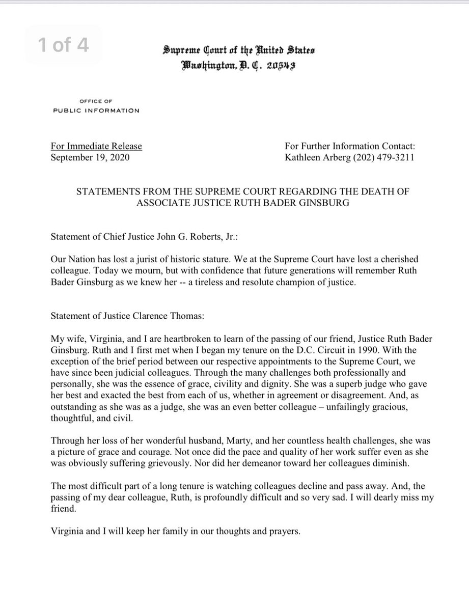 SCOTUSblog's tweet photo. Statements from Justice Ginsburg’s colleagues on the court, including retired Justice Kennedy. https://t.co/VGNgXhbXZ7
