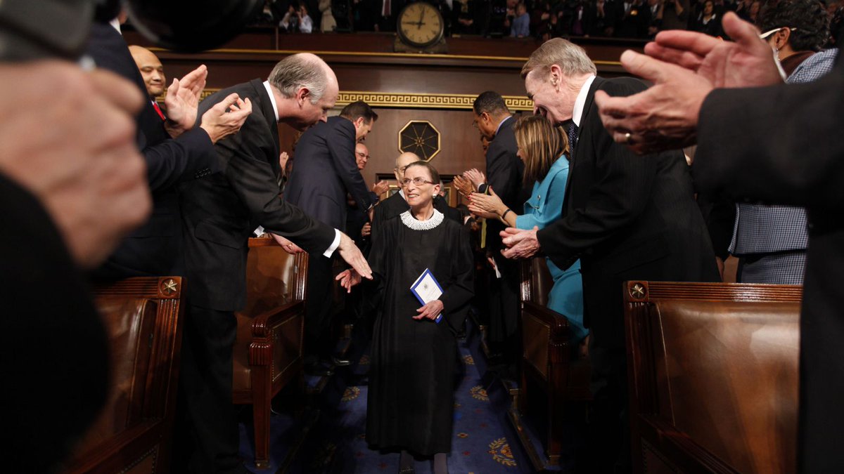 1) 2002: Ginsburg in her Supreme Court chambers2) 2003: Ruth and Marty listen to an address by Justice Breyer at Columbia 3) 2009: Ginsburg is greeted as she arrives to hear a Presidential address to Congress4) 2010: the only four women Justices to date pose together.