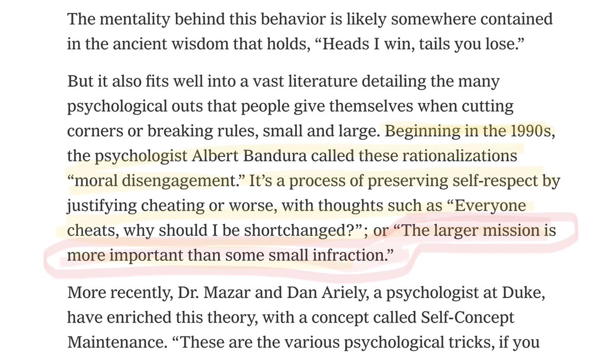 6/ The NYT published this week a piece on how to get away with LYING to people and their own psychological defenses helping the liar to lie“...the larger mission is more important than some small infraction...”.This is of course true––of Trump too.