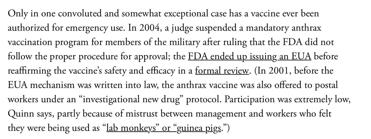 9. There has only been one FDA EUA for a vaccine in history, which was for anthrax, and that didn't go well  https://www.theatlantic.com/health/archive/2020/08/the-emergency-use-loophole/615679/ by  @sarahzhang