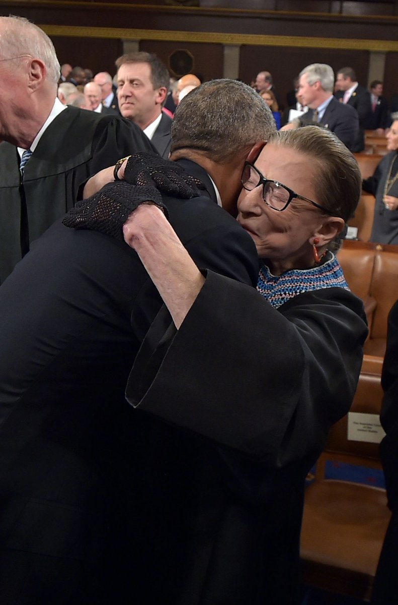 1) Ginsburg had a lifelong love of opera; in 2011, receiving an honorary degree from Harvard, Ginsburg also receives a surprise serenade from Placido Domingo2) Visiting with SoS Clinton in 20123) Pres Obama hugs Ginsburg as he arrives to deliver the SotU address, Jan 2015