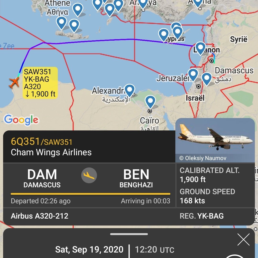 Gerjon_'s tweet photo. It's been a while since I last saw a Cham Wings flight to/from 🇱🇾#Benghazi, #Libya. YK-BAG did another flight from 🇸🇾#Damascus today.

This is the first time flight #SAW351 took place since 23 Aug 2020. https://t.co/TVl7q5jBMq