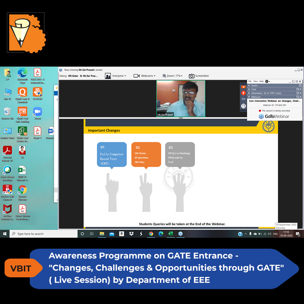 VBITHYD's tweet photo. Department of EEE conducted an Awareness Programme on GATE Entrance - "Changes, Challenges & Opportunities through GATE" ( Live Session) on 19th September, 2020.
Visit Us: https://t.co/3hsU02TxAG
#EEE #TIMEInstitute #GATE #Webinar #GATEEntrance
#DGMGATE #VBIT #EngineeringCollege https://t.co/1WLpuogtkD