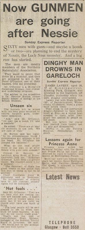 O’Connor’s plans – announced to the Sunday Express in September 1959 – were to lead an expedition of 60 people to Loch Ness to find  #Nessie, and to dispatch a specimen (as in: kill one) via the application of machine guns, harpoon guns, spearguns, a machete and a bomb.