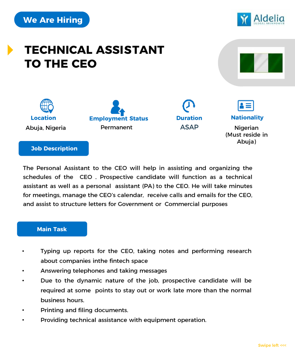 Aldelia_hq's tweet photo. Do you reside in Abuja?
Are you ready to resume immediately as a Personal Assistant to the CEO?
Logon to https://t.co/I3uHst1wPv now to apply
#Aldelia #areebajobs #jobvacanciesinnigeria https://t.co/wn0E9KSTmF