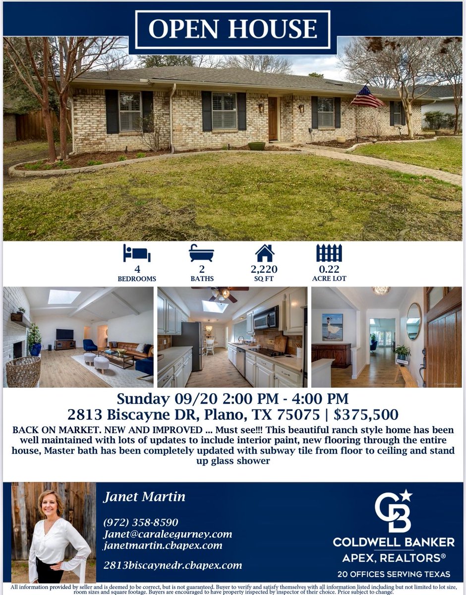 MariposaDFW's tweet photo. 🦋Be sure to stop by and see Janet Sunday from 2-4PM! New flooring, updated master bath and a great location! 🏡
#openhouse #Sundayopenhouses #onestory #planohomesforsale #planohomes #openhouses https://t.co/hfw4NCOUJ4