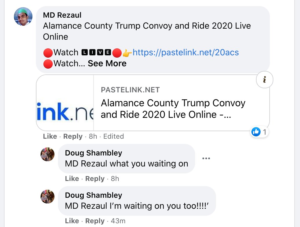 So far the only interesting thing is that the Trump Hate Convoy is attracting some Facebook spammers running video scams. Here are some fellows all abbreviating their names "Md" who claim to be livestreaming on some sketchy site and are filling the comments section.