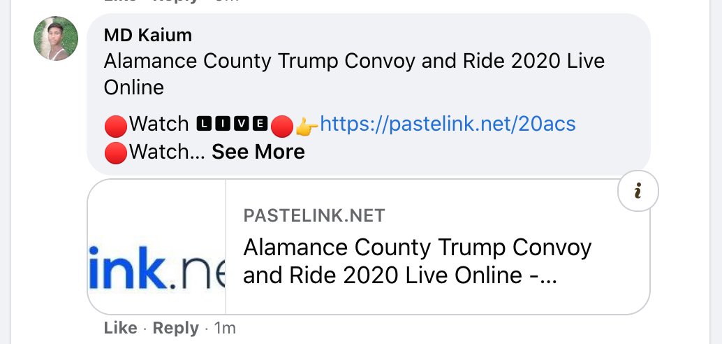 So far the only interesting thing is that the Trump Hate Convoy is attracting some Facebook spammers running video scams. Here are some fellows all abbreviating their names "Md" who claim to be livestreaming on some sketchy site and are filling the comments section.