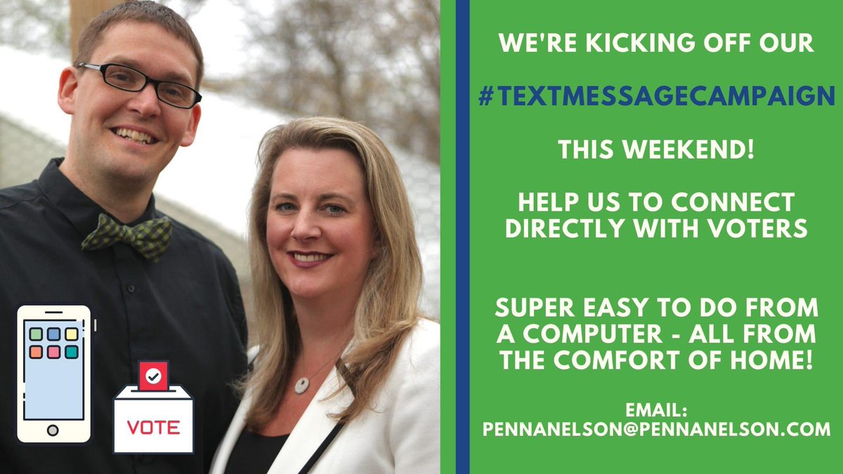 penna_nelson's tweet photo. #PennaNelson2020 Get-Out-The-Vote efforts start NOW! We are investing heavily in text messaging to chase the Vote-By-Mail ballots. This helps every Democrat up & down the ballot. π³πΊπΈππ
Sign up TODAY to participate in our #TextMessageCampaign Email: pennanelson@pennanelson.com https://t.co/OxZWm4vXxt
