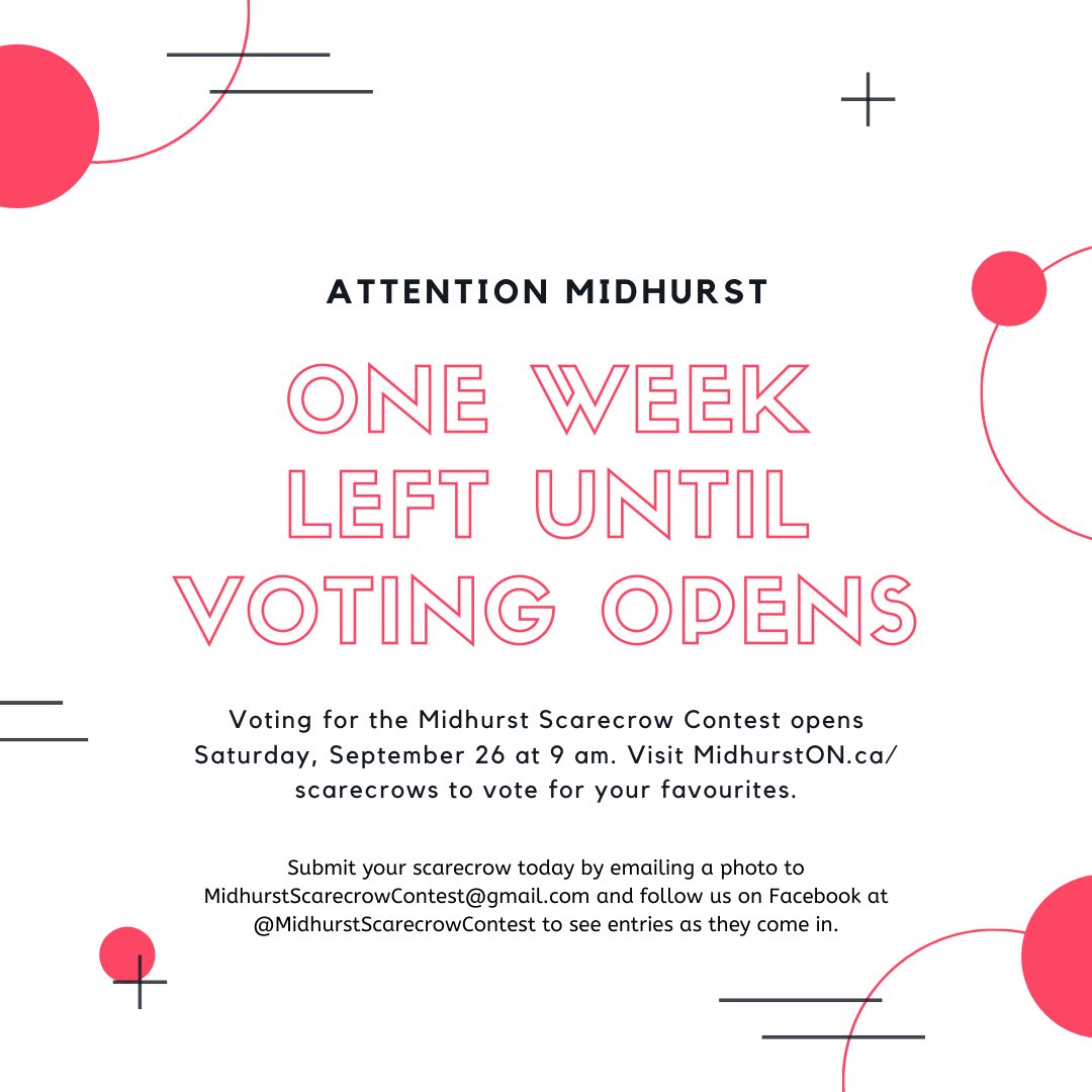 We’re so excited for voting to open for the Midhurst Scarecrow Contest! 

Visit MidhurstON.ca/scarecrows to learn more.