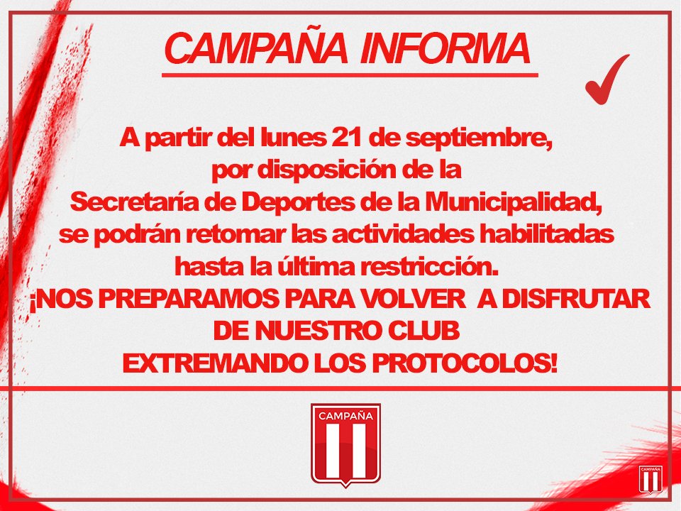 📣 Nos preparamos para volver a disfrutar de nuestro club extremando los protocolos. 🇦🇹🇦🇹
.
#VamosCampaña 🔴⚪🔴
#UnClubCadaDíaMásGrande 🇦🇹