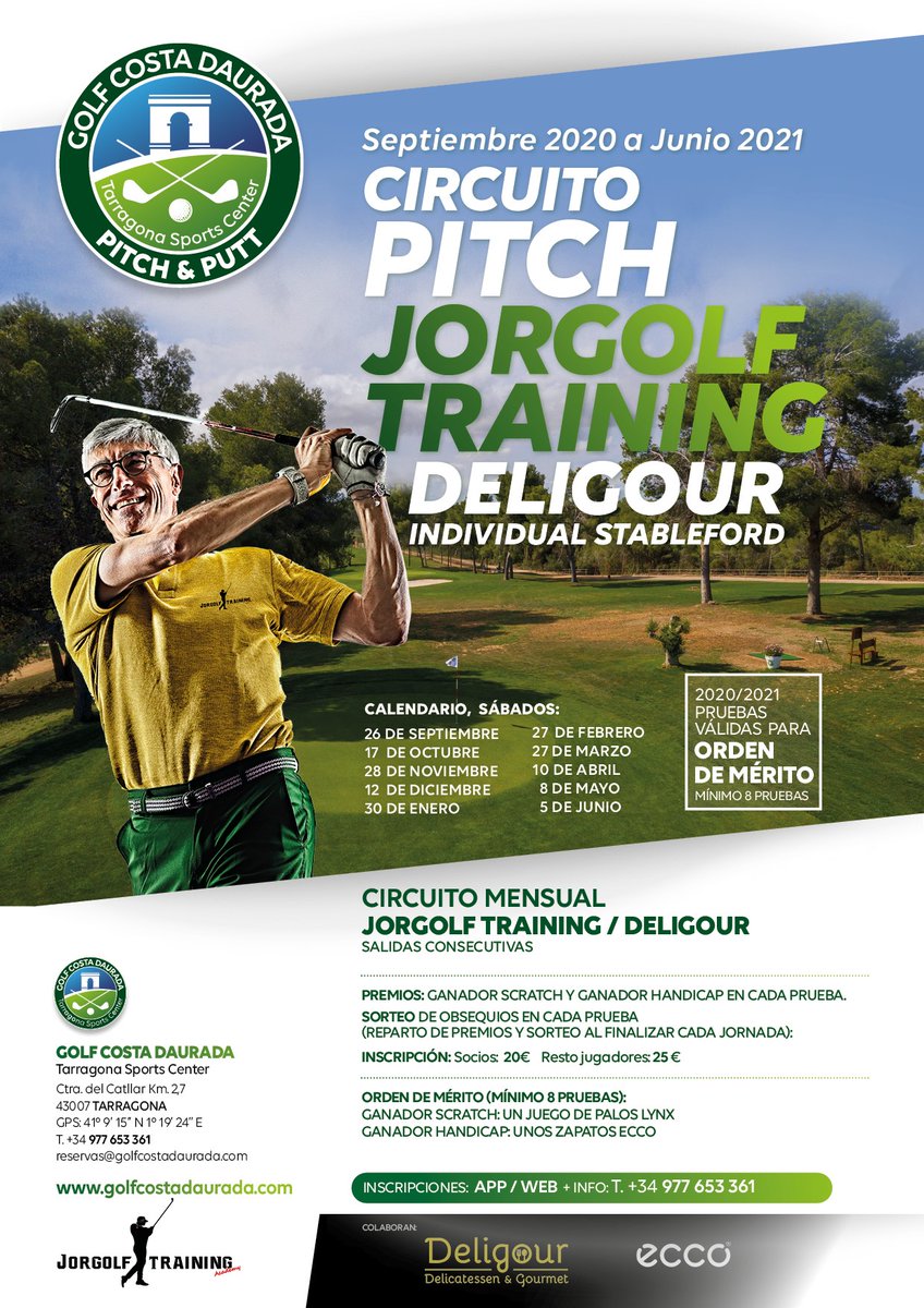 golfcostadorada's tweet photo. CIRCUITO PITCH &amp; PUTT
JORGOLF TRAINING DELIGOUR
1ª fecha sábado 26 de septiembre de 2020

Orden de mérito 2021 Pitch &amp; Putt 

Individual Stableford.
PREMIOS: Ganador Scratch y ganador HCP en c/prueba.
SORTEO: Al finalizar cada prueba.

Socios: 20€ 
No Socios: 25€

Tel 977653361 https://t.co/C2nu0aQdOy