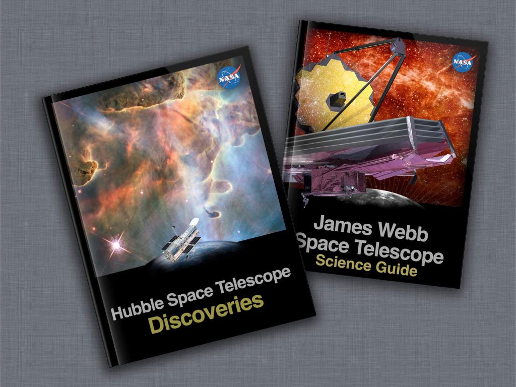 Left: Ebook cover for "Hubble Space Telescope Discoveries."
Right: Ebook cover for "James Webb Space Telescope Science Guide."