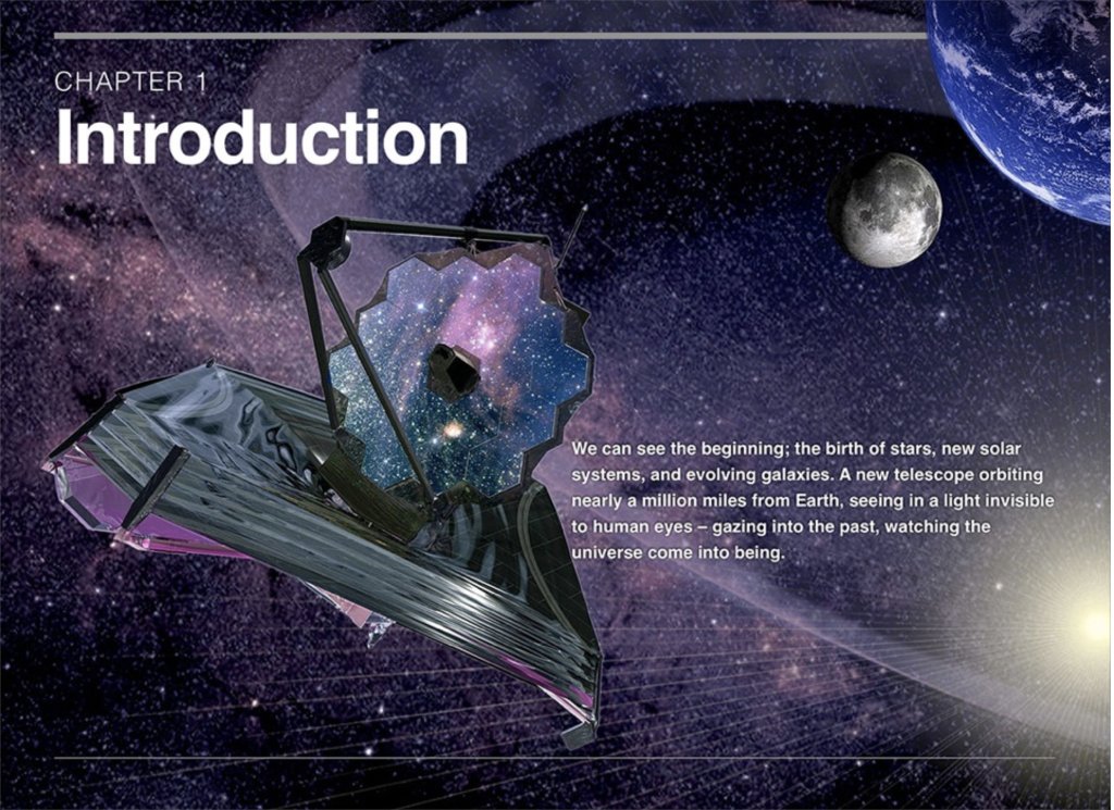 Screenshot of "Chapter 1: Introduction" page of the "James Webb Space Telescope Science Guide" ebook. Illustration of Webb Telescope floating through space.