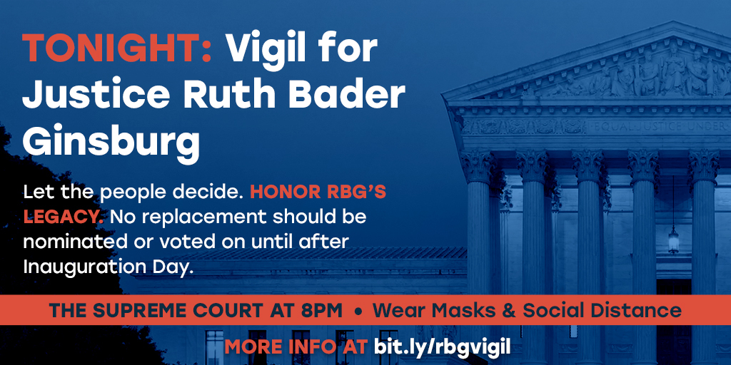 reproforall's tweet photo. TONIGHT: We're honoring RBG's legacy the only way we know how—by fighting for our fundamental freedoms. Join us, @WeDemandJustice, @IndivisibleTeam, @peoplefor, @UltraViolet, @womensmarch, &amp; @CPDAction at the Supreme Court tonight at 8 PM for a vigil. https://t.co/djWRkClFVm #RBG https://t.co/XxNiXkDJbl