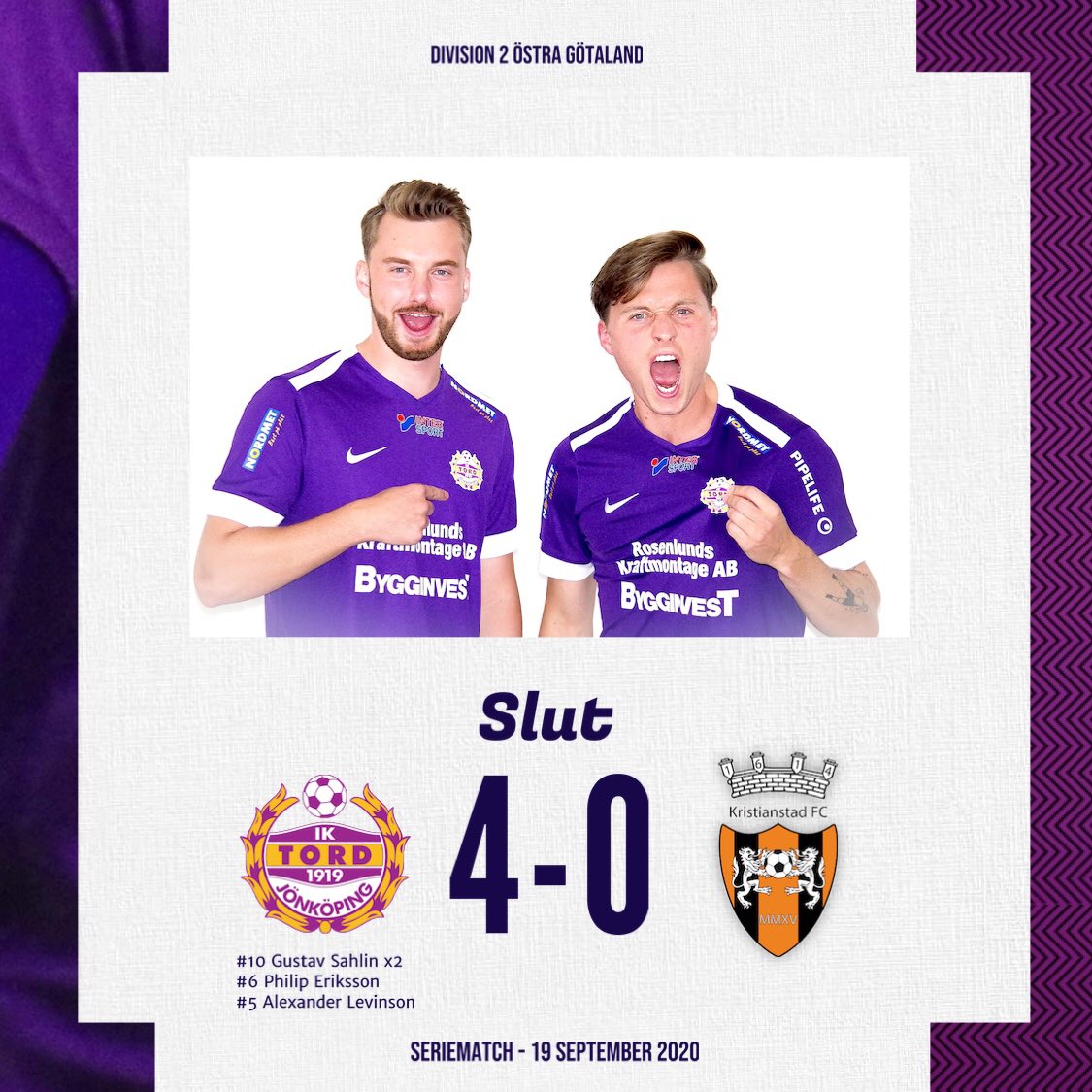 STOOOORSEEEEEGER!!! 
IK Tord besegrar Kristianstad FC med 4-0 efter en mycket mycket bra match, spelet satt och målen trillade in som det ska va. Underbart!! Nu tar vi helg med en underbar seger i bagaget och önskar er alla en fortsatt trevlig helg ⚽️💜#iktord