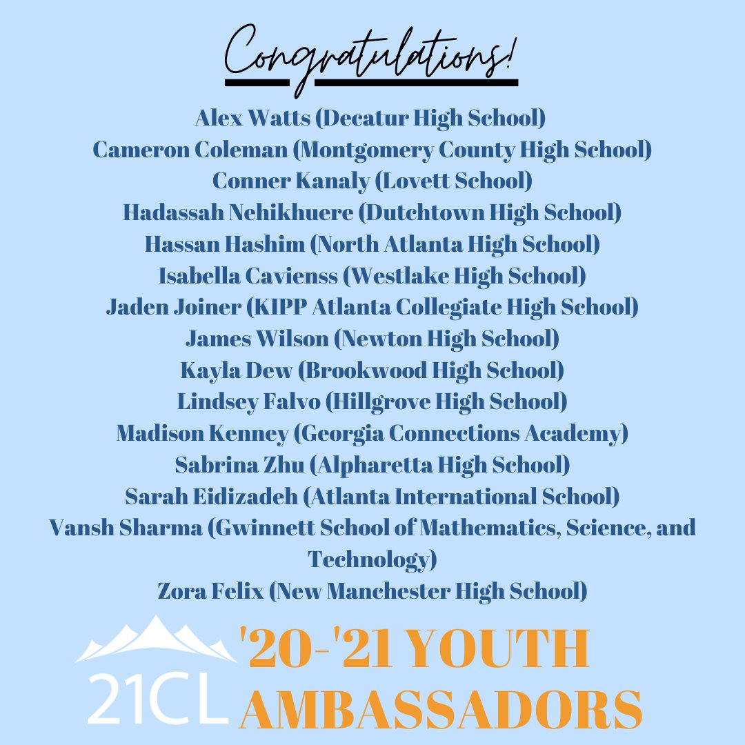21CLyouth's tweet image. Congratulations to our newest roster of Youth Ambassadors! These 15 leaders will serve in this role for the 2020-2021 school year and be led by our alumni Jr. Board of Directors. Join us in a round of applause for the &apos;20-&apos;21 Youth Ambassadors! 👏👏👏