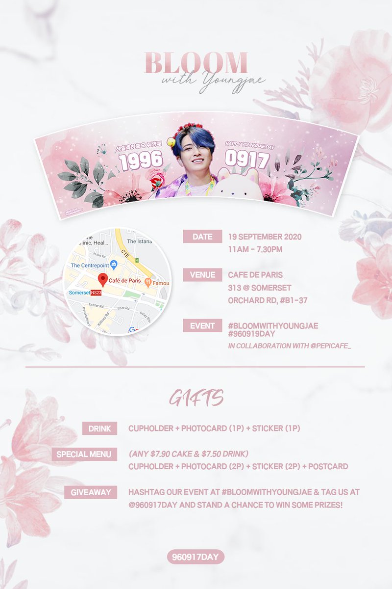960917DAY's tweet photo. special thanks to @Youngmoon179 for the beautiful photos, @butterlyday for designing the pretty cupsleeve, gifts and notices, @winter_prints for printing those beautiful cup holders &amp; lastly thank you for those that came down I hope you all enjoyed! ☺️ #BloomWithYoungJae 💐 https://t.co/KXApZbxJSz