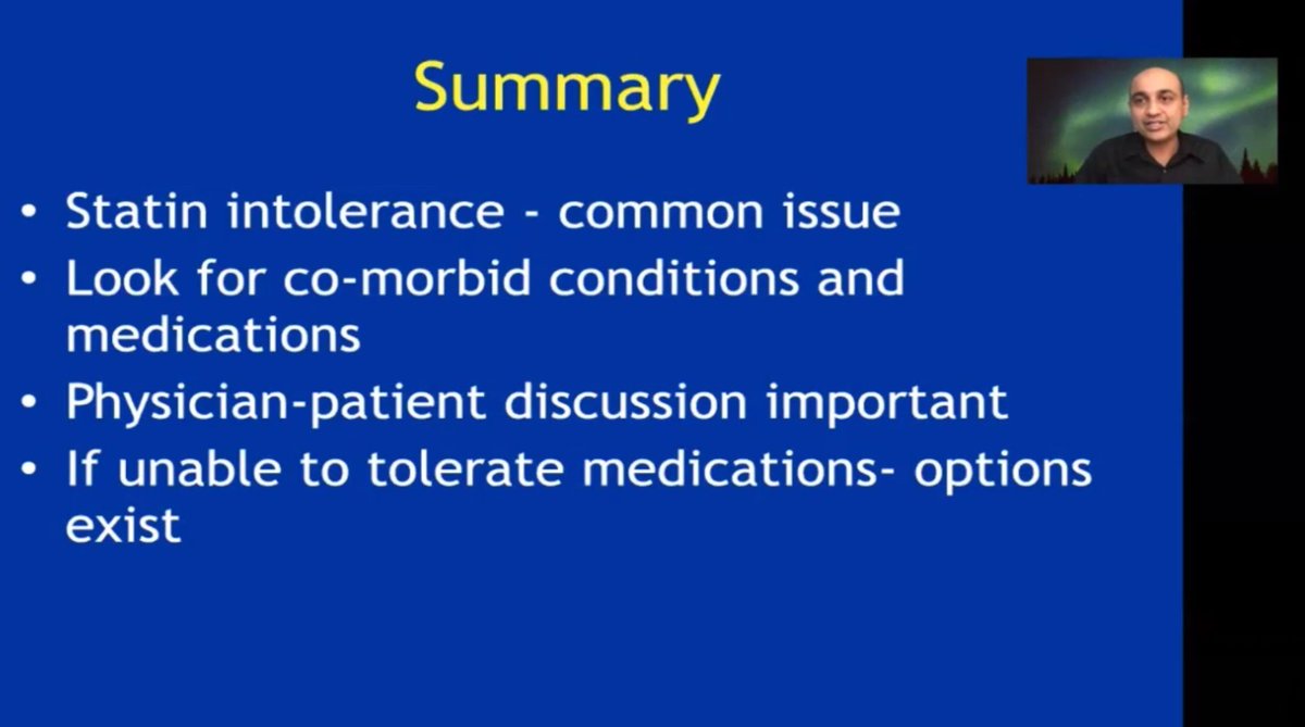#Statinintolerance overview

1) Common
2) Assess co-morbid conditions
3) Shared decision making
4) Alternative options exist

Thank you for this very practical talk @vijay_nambi 

@mahrifai @virani_md @CBallantyneMD @jia_xiaoming 
#PreventionrulesCV