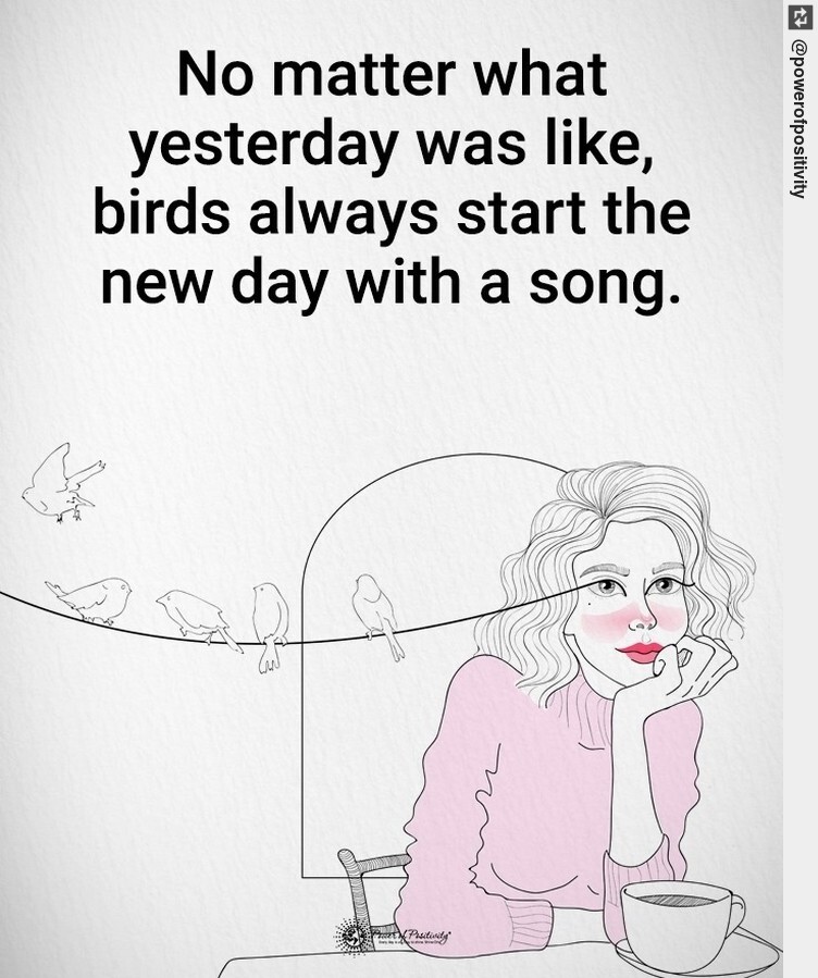 Retweet if you agree. No matter what yesterday was like, birds always start the new day with a song. #powerofpositivity #positivity #quoteoftheday #ericomuro