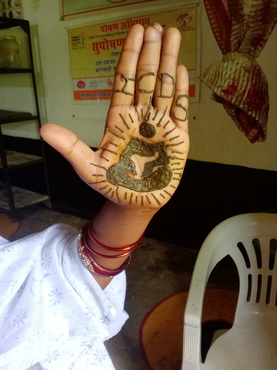 WDantewada's tweet photo. #POSHANMaah2020 जिले में पोषण माह के तहत सेक्टर स्तर पर मेहँदी प्रतियोगिता का आयोजन किया जिसमें पोषण का थीम रखा गया आँ.बा कार्यकर्ता द्वारा मेहंदी के माध्यम से पोषण का सन्देश दिया गया @DantewadaDist @ChhattisgarhCMO @wcdposhancg @WCDCgGov @NITIAayog @tini_tatatrusts @SPreraks https://t.co/JbDBsP69Oa