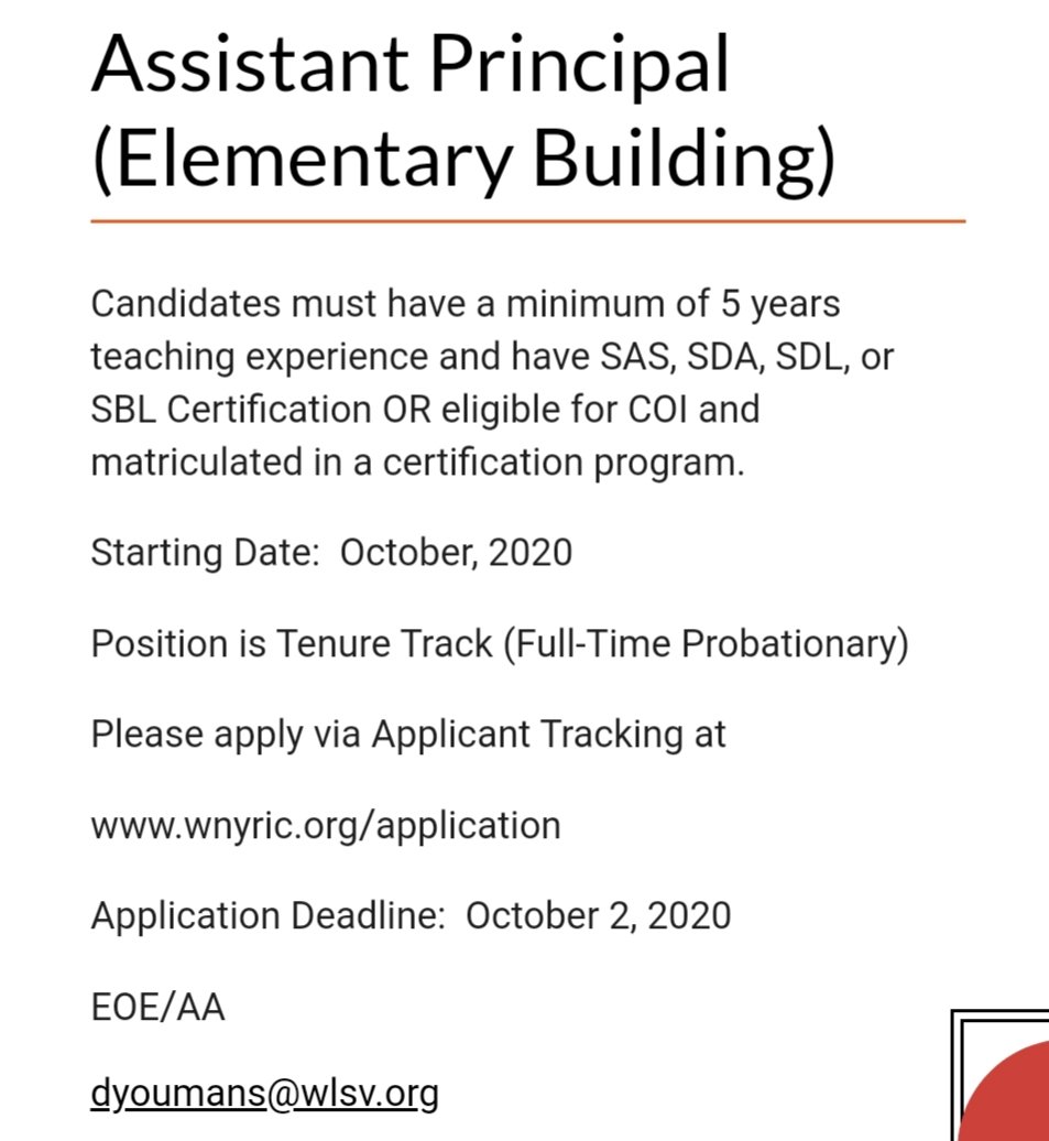 esinski's tweet photo. Wellsville Elementary School @WellsvilleCSD is looking for an Assistant Principal.  Come work at a great school with a dynamic team. #WESOnePride. https://t.co/Va5CW7ktn3 https://t.co/EKeHEvniOZ
