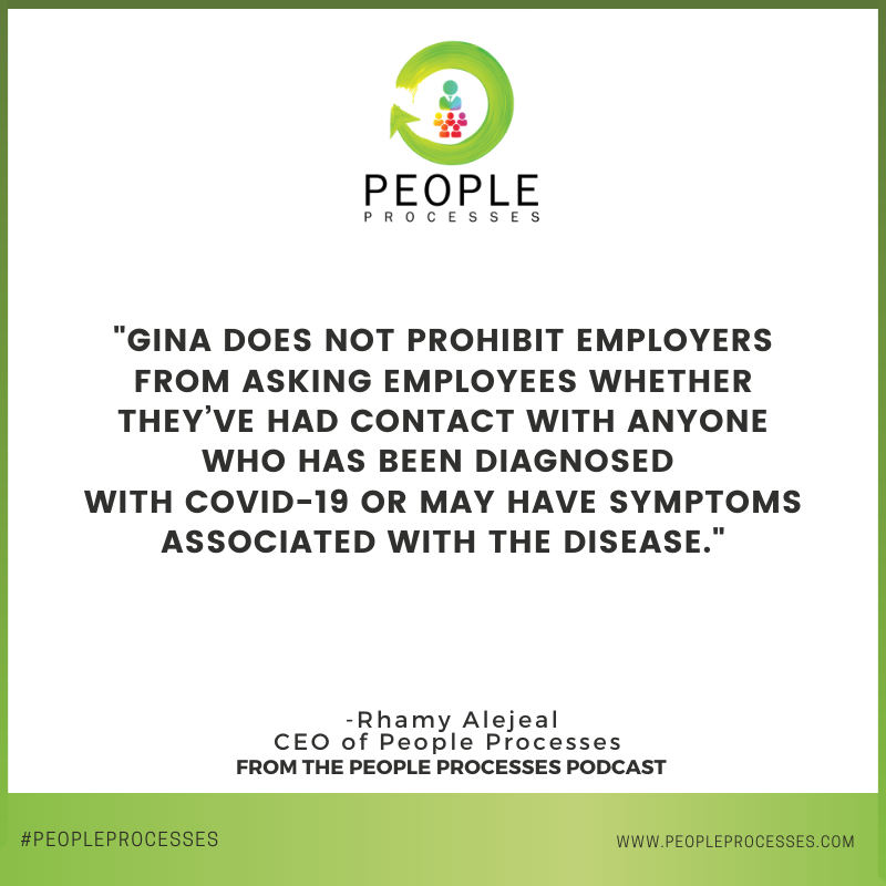people_process's tweet image. "GINA does not prohibit employers from asking employees whether they’ve had contact with anyone who has been diagnosed with COVID-19 or may have symptoms associated with the disease. "

Listen to our podcast now: zcu.io/xx7Z 

#NonDiscriminationAct #PeopleProcesses