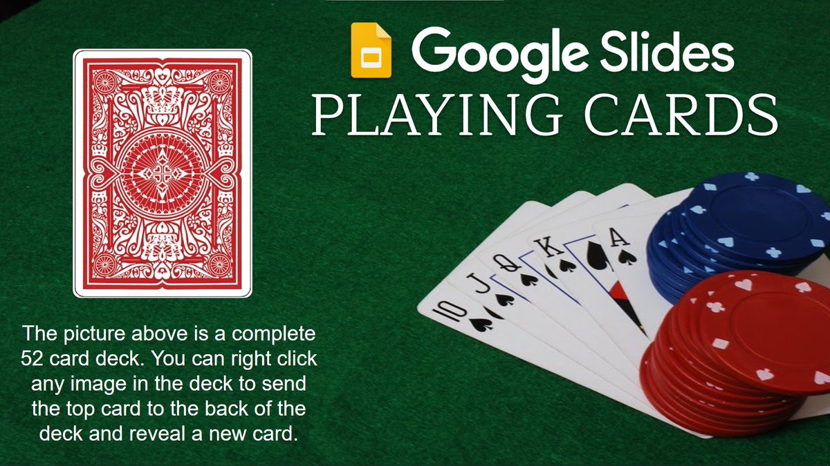 MeehanEDU's tweet photo. Happy Saturday! I made a thing. 

Virtual Playing Cards in Google Slides.

♣️ 52 cards in a virtual deck!

♥️ Reveal new cards with a click!

♠️ Or shuffle the entire deck in seconds!

♦️ Or use the "Slides Randomizer" to go full screen!

Please steal it!
https://t.co/Kssges0V55 https://t.co/kbRYXZGhJt