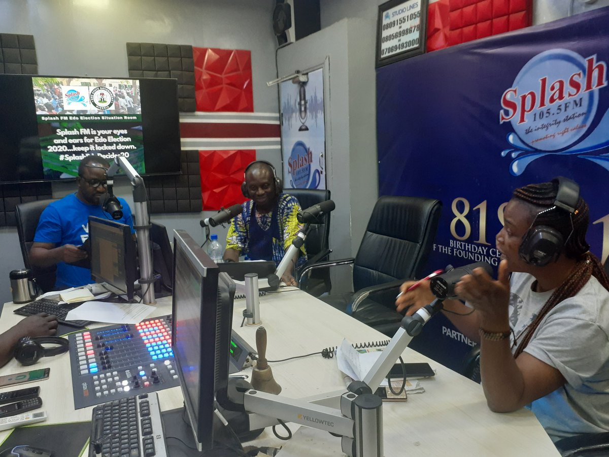 SplashFM1055's tweet photo. #SplashEdoDecides20 Situation Room report with Oluwaseun Akinola @seunomoakinola , Michael Olatunbosun @miketunbosun and Charity Jerome @jerome_charity live on the integrity station. Join the conversation and you can also Watch live on our Facebook Page.

#edodecides2020 https://t.co/YQVcUs6rck