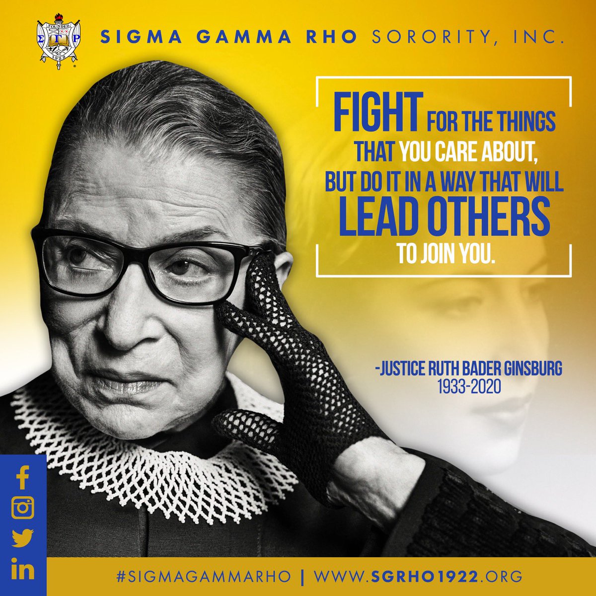 “Supreme Court Justice Ruth Bader Ginsburg was a pioneer for women’s rights and a passionate advocate of civil rights,” said Rasheeda Liberty, International Grand Basileus of Sigma Gamma Rho Sorority, Inc.”

#ruthbaderginsburg #sigmagammarho #sgrho