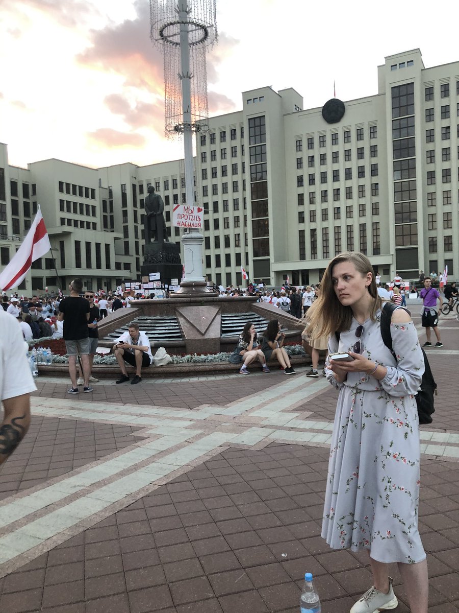 My friend Yulia has been detained by riot police twice her size at the women’s march in Minsk. Yulia (pictured here on Aug 16) is a peaceful protester and she did nothing wrong.