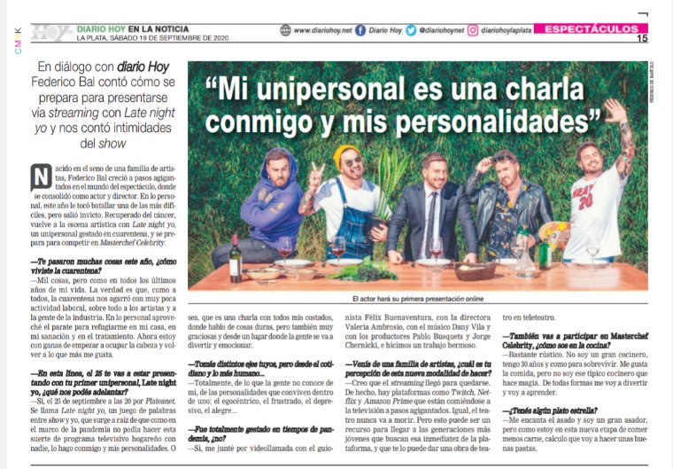 sabri_sistro's tweet photo. #Entrevista Hablé con @balfederico acerca de @latenightyo , su nuevo show vía streaming, y salió esta nota que podés leerla en @diariohoynet 
.
Gracias @martinavalia 
.
.
.
#periodismo #Espectaculos #Espectáculos #Entretenimiento  #show #ShowOnline #streaming https://t.co/O3W2Q1imNC